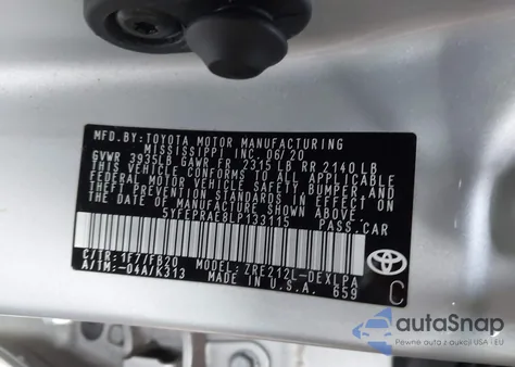 2020 Toyota Corolla Le z USA, uszkodzony, nr VIN 5YFEPRAE8LP133115